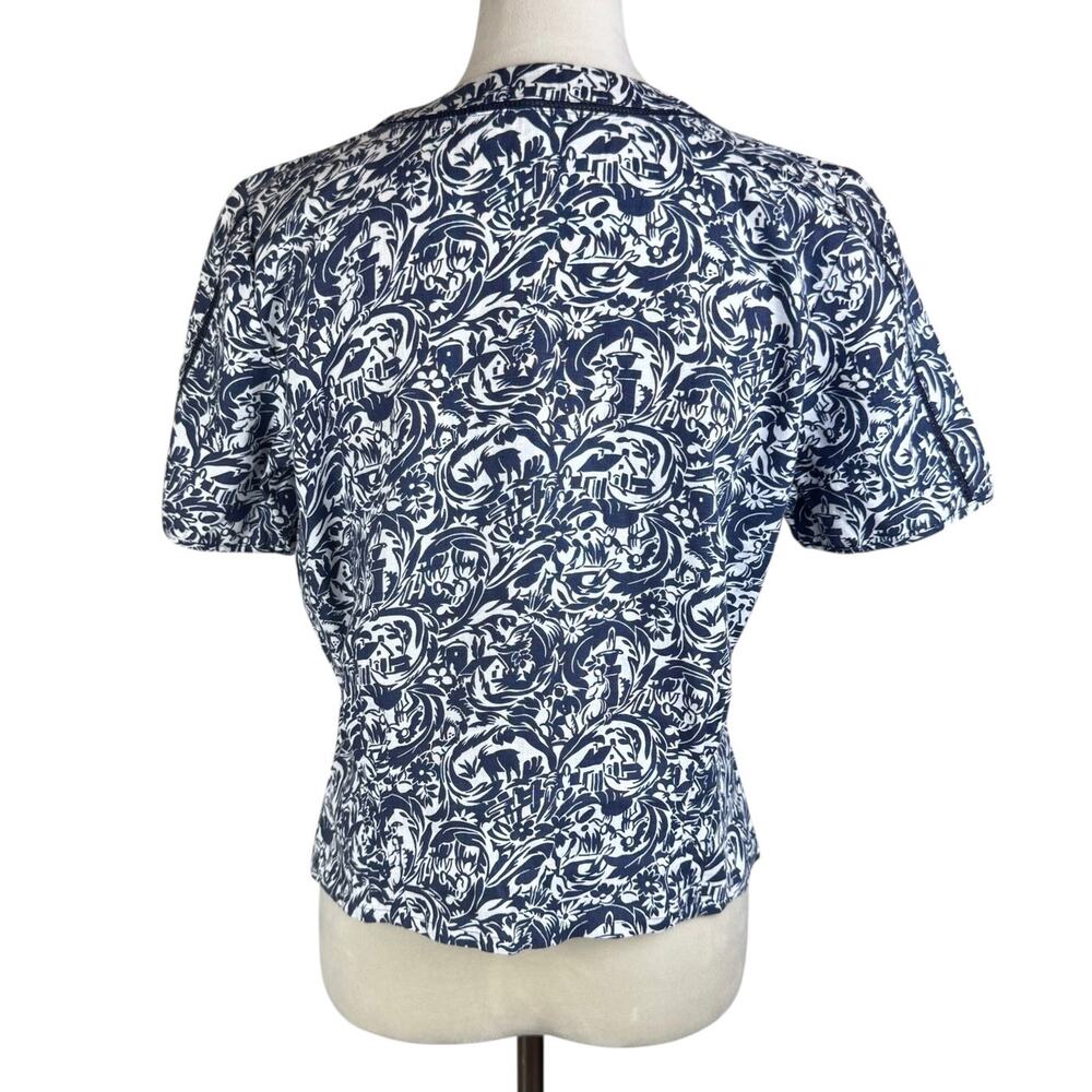 Brora 100% Linen Indigo Blue Vintage Pattern Short Sleeve Button Up V-Neck Top - Picture 2 of 12